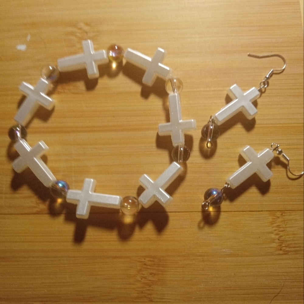 White Cross Bracelet and Earrings Set